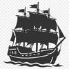 A vector design featuring a swashbuckling pirate in sailing attire with a background suggestion of waves and sea spray.