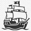 A stylized illustration of a pirate on a boat.