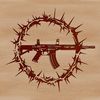 A detailed illustration of an assault rifle with sharp thorns on its barrel.
