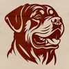 A close-up illustration of a Rottweiler's head with distinctive markings and breed-specific features.
