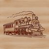 A stylized illustration of a train vehicle with bold lines and simple shapes.