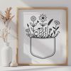 A stylized illustration of a flower pocket, featuring multiple wild flowers arranged in a decorative pattern.