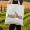 Illustrated urban landscape with iconic skyscrapers and buildings.