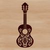 Close-up illustration of an ornate guitar with intricate details, suitable for music-related projects.