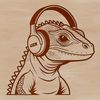 A small green lizard wearing headphones, depicted in a simplified vector style.