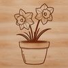 Vibrant Daffodil in Clay Pot A single white flower with bright yellow trumpet-shaped center on a green stem growing out of a clay pot.