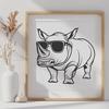 A rhinoceros wearing sunglasses in a natural environment, suitable for vector design.