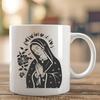Traditional Virgin Mary Illustration in Floral Style Ornate illustration of the Virgin Mary surrounded by floral elements in a traditional religious style.
