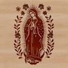 A portrait of Our Lady of Guadalupe in ornate floral attire.