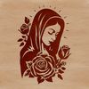 Ornate depiction of the Virgin Mary surrounded by floral motifs in a traditional religious style.