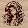 A depiction of the Virgin Mary with ornate floral patterns in a traditional religious design.