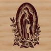 Ornate illustration of Virgin Mary surrounded by floral motifs in a traditional religious style.
