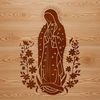 Image of a stylized Virgin Mary with ornate floral patterns surrounding her.
