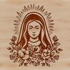 Religious Illustration with Floral Motifs Ornate illustration of the Virgin Mary with floral motifs in her hair.