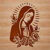 An ornate illustration of the Virgin Mary, surrounded by floral patterns in a traditional religious style.