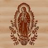 Illustration of the Virgin Mary in ornate floral dress with symbolic meaning in religious art.