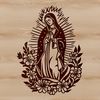 Elegant Virgin Mary Icon in Floral Patterns A detailed vector representation of Our Lady of Guadalupe in traditional religious attire with intricate designs.
