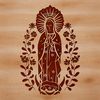 An SVG graphic of the Virgin Mary with intricate details and decorative elements inspired by classic religious art.
