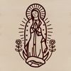 Ornate Floral Border with Iconic Virgin Mary Figure A simple line drawing of the Virgin Mary surrounded by ornate floral patterns.