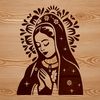 Image of the Virgin Mary surrounded by intricate floral patterns in a traditional religious style.