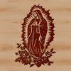 A detailed illustration of the Virgin Mary with ornate floral patterns in her robes.