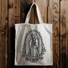 Beautiful Sacred Art Illustration of Our Lady Ornate illustration of the Virgin Mary in full body form, surrounded by floral patterns.