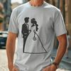 An illustration of a bride and groom standing together, holding hands, surrounded by floral elements.