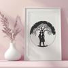 Tree of Devotion Vector Graphic An illustration of two people embracing under a tree, representing love and affection.