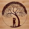A vector graphic design featuring a pair embracing under a lush, foliage-covered tree branch.