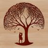 Interlaced Love Blooms A stylized illustration of a tree with intertwined lovers embracing each other in mid-air, surrounded by foliage.