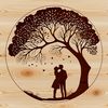 Embracing Silhouette Couple A pair of embracing figures beneath the boughs of a stylized tree, perfect for Valentine's Day or wedding decor.