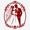 Bride and Groom Vector Art A stylized illustration of a bride and groom standing together, with floral patterns and decorations surrounding them.