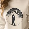 Love Blooms in this Elegant Tree Design An elegant vector design featuring a tree with a loving couple embracing, perfect for wedding or Valentine's Day decor.