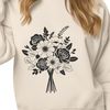 Stylized floral arrangement in a decorative pattern A stylized bouquet of flowers with various petals and leaves arranged in a decorative pattern.