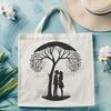 Embracing Love Under Branches Illustrated illustration of a tree with embracing lovers sharing a kiss under its branches.