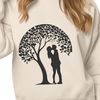 Intertwined Love Under Branches An illustration of a tree with intertwined lovers embracing under its branches.