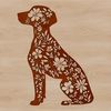 Sitting Dog with Floral Background A portrait of a sitting Weimaraner dog in front of a floral pattern.