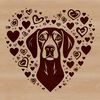 A vector illustration of a Weimaraner dog breed with heart symbols surrounding its body.