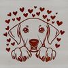 Whimsical Weimaraner Silhouette with Hearts A young Weimaraner dog peeking out from behind its owner's arm, with hearts surrounding the animal.