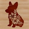 A vector illustration of a Welsh Corgi sitting in a garden surrounded by flowers.