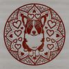 A playful Welsh Corgi sitting on its haunches with heart symbols surrounding it.