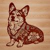 A stylized illustration of a seated Welsh Corgi set amidst ornate floral patterns.