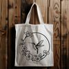 Vector Bird Design with Floral Elements An SVG vector design of a hummingbird in flight above a green landscape with flowers.
