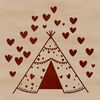 Cozy Camping Abode A whimsical illustration of a tent with love hearts surrounding it, suitable for outdoor-themed projects.