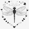 A colorful illustration of a dragonfly with heart shapes surrounding its body, suitable for graphic design and digital art.