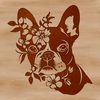 A detailed vector illustration of a Boston Terrier's head with a floral pattern surrounding it.