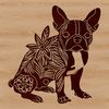 Boston Terrier Silhouette with Floral Pattern A sitting Boston Terrier breed dog with ornate floral patterns in the background.