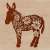 A stylized illustration of a standing donkey surrounded by ornate floral patterns.