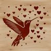 A colorful hummingbird in mid-flight with heart symbols surrounding its body, depicted as a vector design.