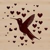 A colorful hummingbird illustration with love hearts surrounding its body, conveying a sense of whimsy and playfulness.